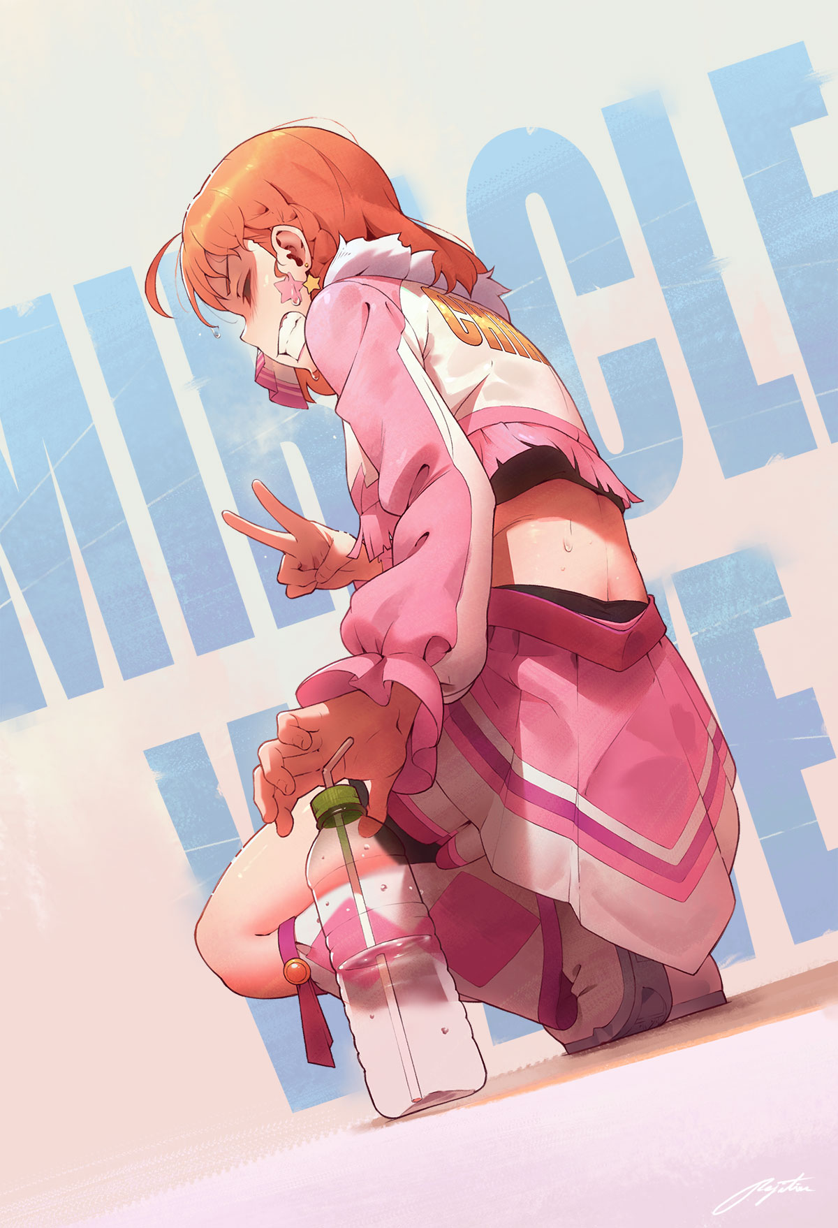 1girl ahoge bangs boots bottle braid clenched_teeth closed_eyes clothes_writing commentary_request cropped_jacket earrings facial_mark frilled_sleeves frills fringe highres jewelry knee_boots long_sleeves love_live! love_live!_sunshine!! miniskirt miracle_wave orange_hair pleated_skirt regition short_hair shorts shorts_under_skirt side_braid skirt solo song_name squatting star star_earrings sweat takami_chika teeth v water_bottle