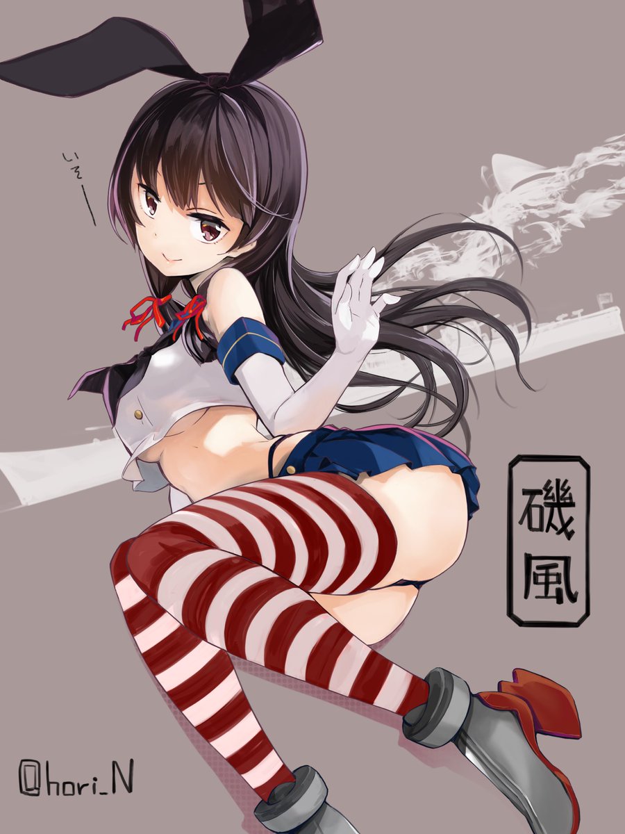 1girl ass bare_shoulders black_hair black_panties brown_eyes cosplay elbow_gloves gloves hair_ribbon high_heels highres isokaze_(kantai_collection) kantai_collection long_hair looking_at_viewer lying midriff nino_(shira) on_side panties pleated_skirt ribbon shimakaze_(kantai_collection) shimakaze_(kantai_collection)_(cosplay) skirt smile solo striped striped_legwear thigh-highs thong underwear white_background