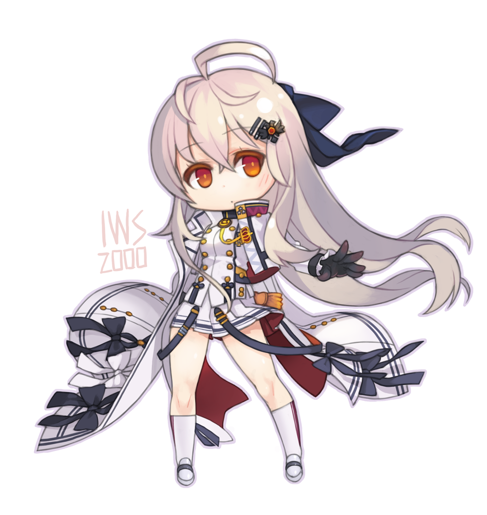 1girl ahoge black_gloves breasts buttons chibi coat collared_jacket colored_eyelashes cropped_jacket double-breasted eyebrows_visible_through_hair floating_hair frilled_sleeves frills girls_frontline gloves hair_between_eyes hair_ornament hair_ribbon hairclip iws-2000_(girls_frontline) kneehighs long_hair long_sleeves looking_at_viewer medal military military_uniform overcoat plaid plaid_skirt ran_system red_eyes ribbon silver_hair simple_background skirt solo strap uniform very_long_hair white_background wind wind_lift