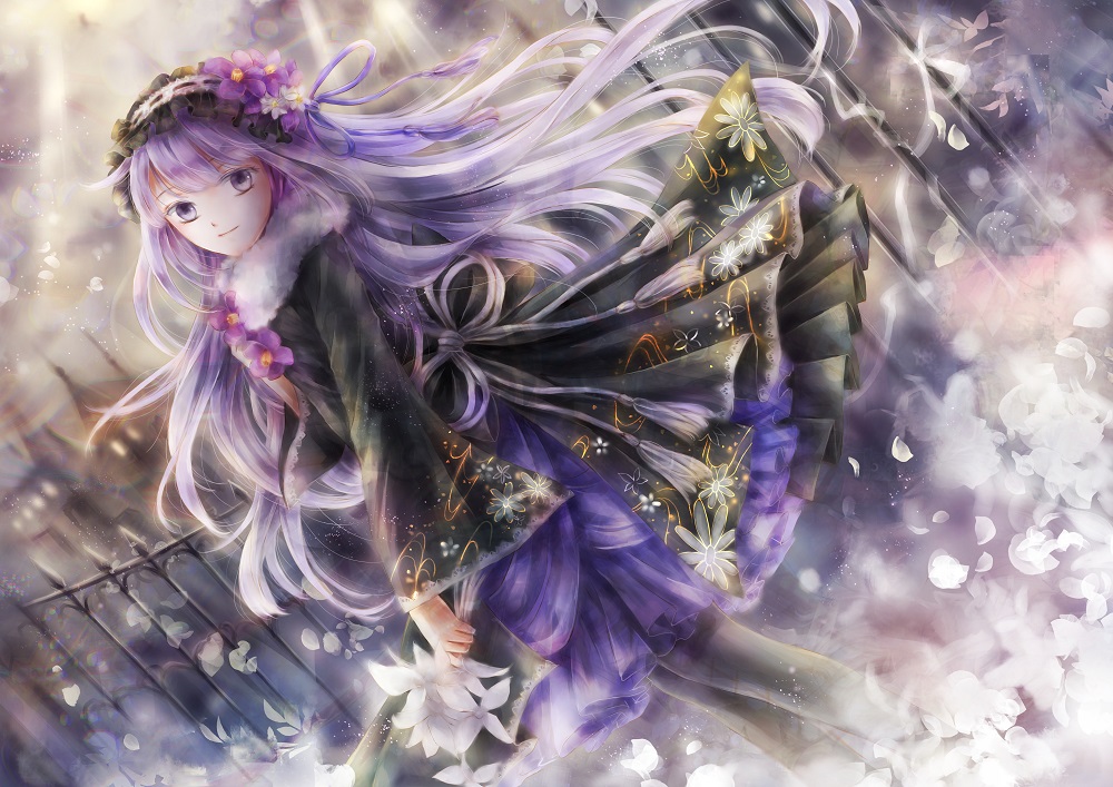 1girl black_legwear bouquet dress dutch_angle floating_hair floral_print flower fur_trim gothic_lolita gradient_hair hair_flower hair_ornament hair_ribbon hairband head_tilt holding holding_bouquet layered_dress lolita_fashion lolita_hairband long_hair misaki_yuu_(misaki_1192) multicolored_hair original panties purple_flower purple_hair purple_ribbon ribbon silver_hair smile solo standing two-tone_hair underwear very_long_hair violet_eyes white_flower winter_clothes