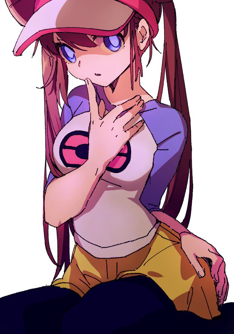 1girl ankea_(a-ramo-do) bangs blue_eyes breasts brown_hair eyebrows_visible_through_hair facing_viewer hair_between_eyes hand_on_hip hand_on_own_face large_breasts long_hair looking_at_viewer mei_(pokemon) open_mouth pokemon pokemon_(game) pokemon_bw seiza shirt shorts simple_background sitting skirt yellow_shorts