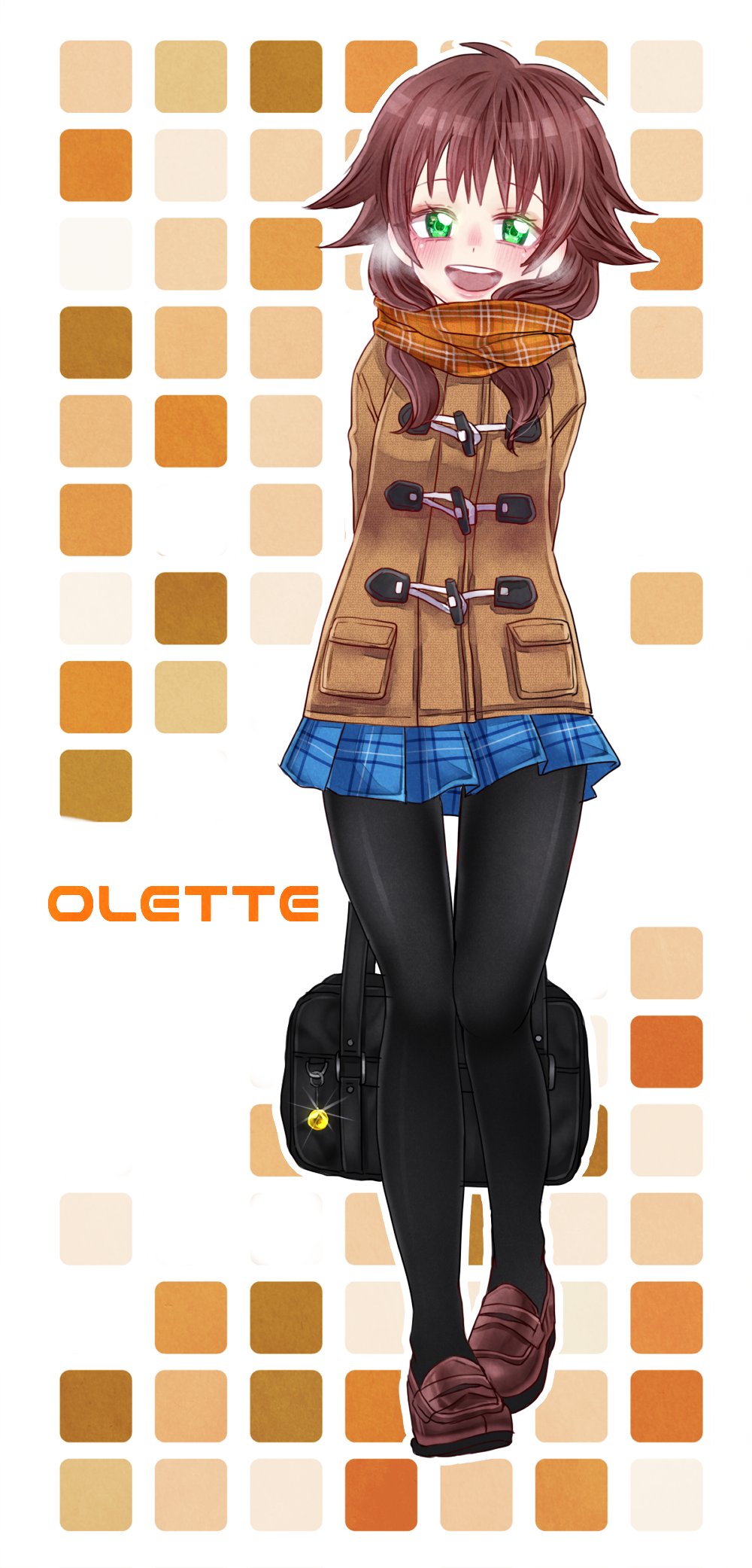 1girl :d arms_behind_back bag bangs black_legwear blue_skirt blush breath brown_coat brown_footwear brown_hair character_name coat full_body glint green_eyes highres kingdom_hearts loafers long_hair looking_at_viewer miki_masao miniskirt olette open_mouth orange_scarf pantyhose plaid plaid_scarf pleated_skirt pocket scarf shoes skirt smile solo sparkle teeth