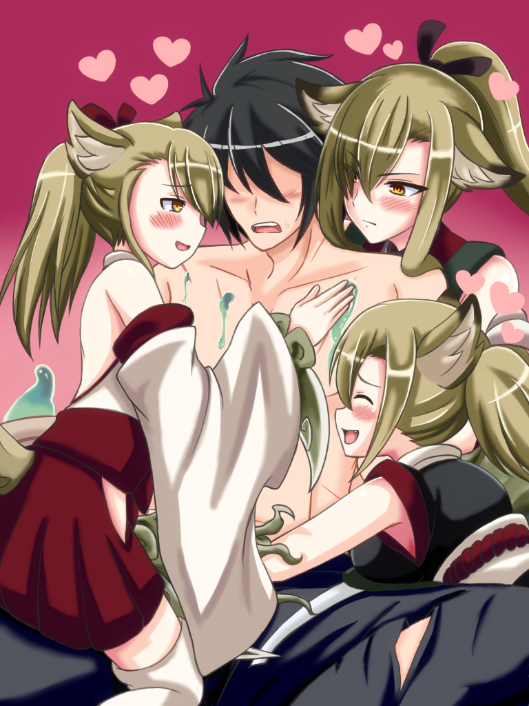 1boy 3girls :d animal_ears black_hair blush commentary_request detached_sleeves faceless faceless_male girl_sandwich green_hair hair_between_eyes hair_ribbon heart hug japanese_clothes kamaitachi_(monster_girl_encyclopedia) long_hair monster_girl_encyclopedia multiple_girls murayama_nakoto open_mouth ponytail ribbon sandwiched smile twintails yellow_eyes