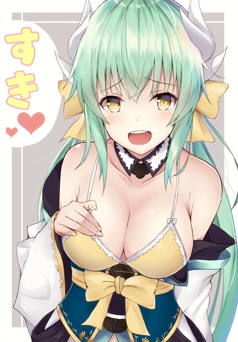 1girl bare_shoulders bra breasts cleavage collarbone commentary_request eyebrows_visible_through_hair fate/grand_order fate_(series) green_hair grey_background highres horns kiyohime_(fate/grand_order) long_hair looking_at_viewer medium_breasts open_mouth solo underwear yellow_bra yellow_eyes yuzuzukushi