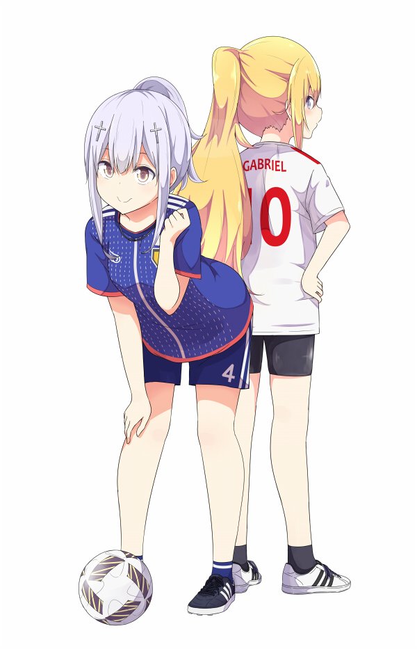 2girls alternate_hairstyle ball bike_shorts black_legwear blonde_hair blue_legwear character_name clothes_writing commentary_request cross_hair_ornament from_behind full_body gabriel_dropout gym_shorts hair_ornament hand_on_hip hand_on_own_knee lavender_hair long_hair looking_back multiple_girls ponytail profile shiraha_raphiel_ainsworth shoes shorts simple_background sneakers soccer_ball soccer_uniform socks sportswear standing tenma_gabriel_white ukami violet_eyes white_background yellow_eyes