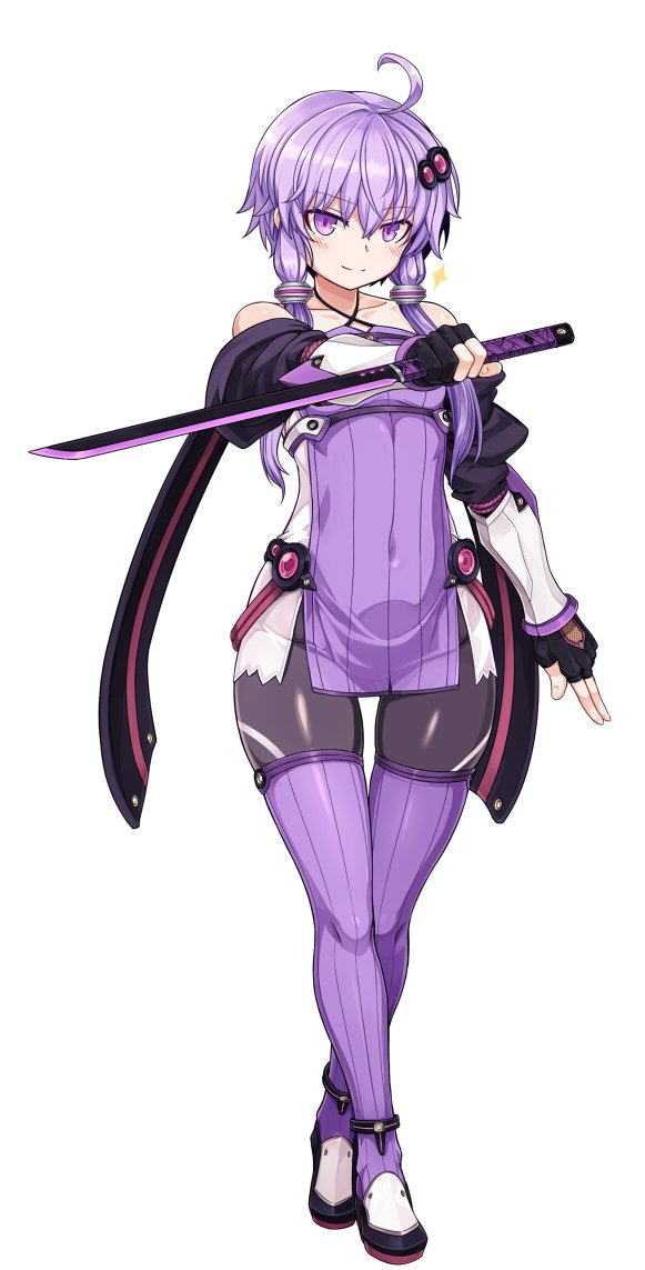 1girl ahoge bare_shoulders collarbone covered_navel fingerless_gloves gloves hair_ornament long_hair low_twintails null_(nyanpyoun) purple_hair purple_legwear short_hair_with_long_locks solo sword thigh-highs twintails violet_eyes vocaloid voiceroid weapon yuzuki_yukari