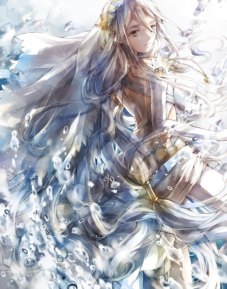 1girl aqua_(fire_emblem_if) backless_dress backless_outfit dress elbow_gloves fire_emblem fire_emblem_if floating_hair from_behind gloves hair_between_eyes jewelry long_hair misaki_yuu_(misaki_1192) necklace parted_lips silver_hair sleeveless sleeveless_dress solo thigh-highs veil white_dress white_gloves white_legwear yellow_eyes