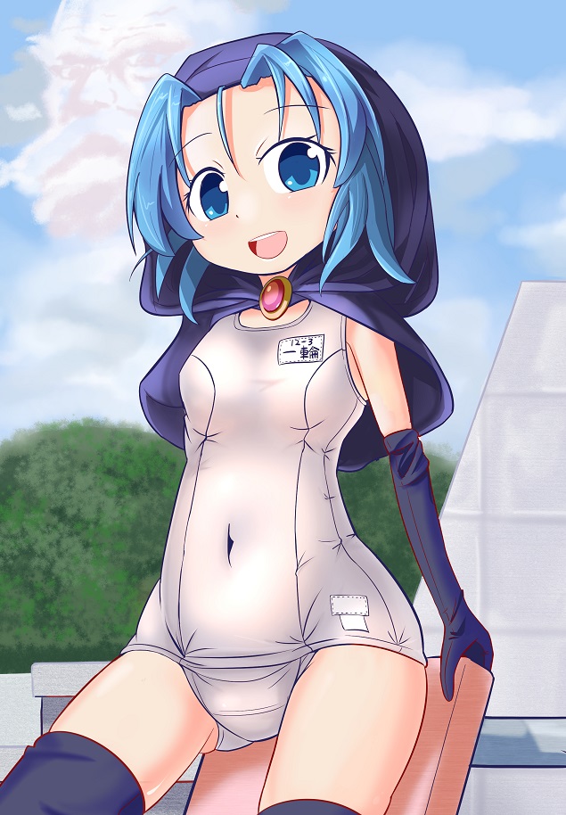 1girl black_gloves black_legwear blue_eyes blue_hair blue_sky clouds covered_navel cowboy_shot elbow_gloves gloves hood kickboard kumoi_ichirin looking_at_viewer name_tag open_mouth outdoors reform_(tayo_reform) school_swimsuit shiny shiny_clothes short_hair sky smile solo swimsuit thigh-highs touhou unzan white_school_swimsuit white_swimsuit