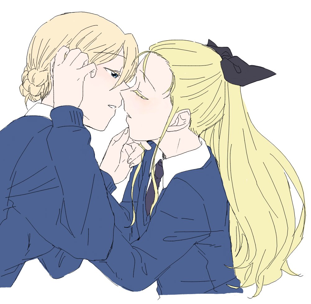 2girls assam black_neckwear black_ribbon blonde_hair blue_sweater blush braid closed_eyes colored_eyelashes cropped_torso darjeeling eyebrows_visible_through_hair french_braid girls_und_panzer hand_on_another's_chin imminent_kiss long_hair multiple_girls necktie parted_lips ponytail ribbon sketch st._gloriana's_school_uniform sweater torinone white_background