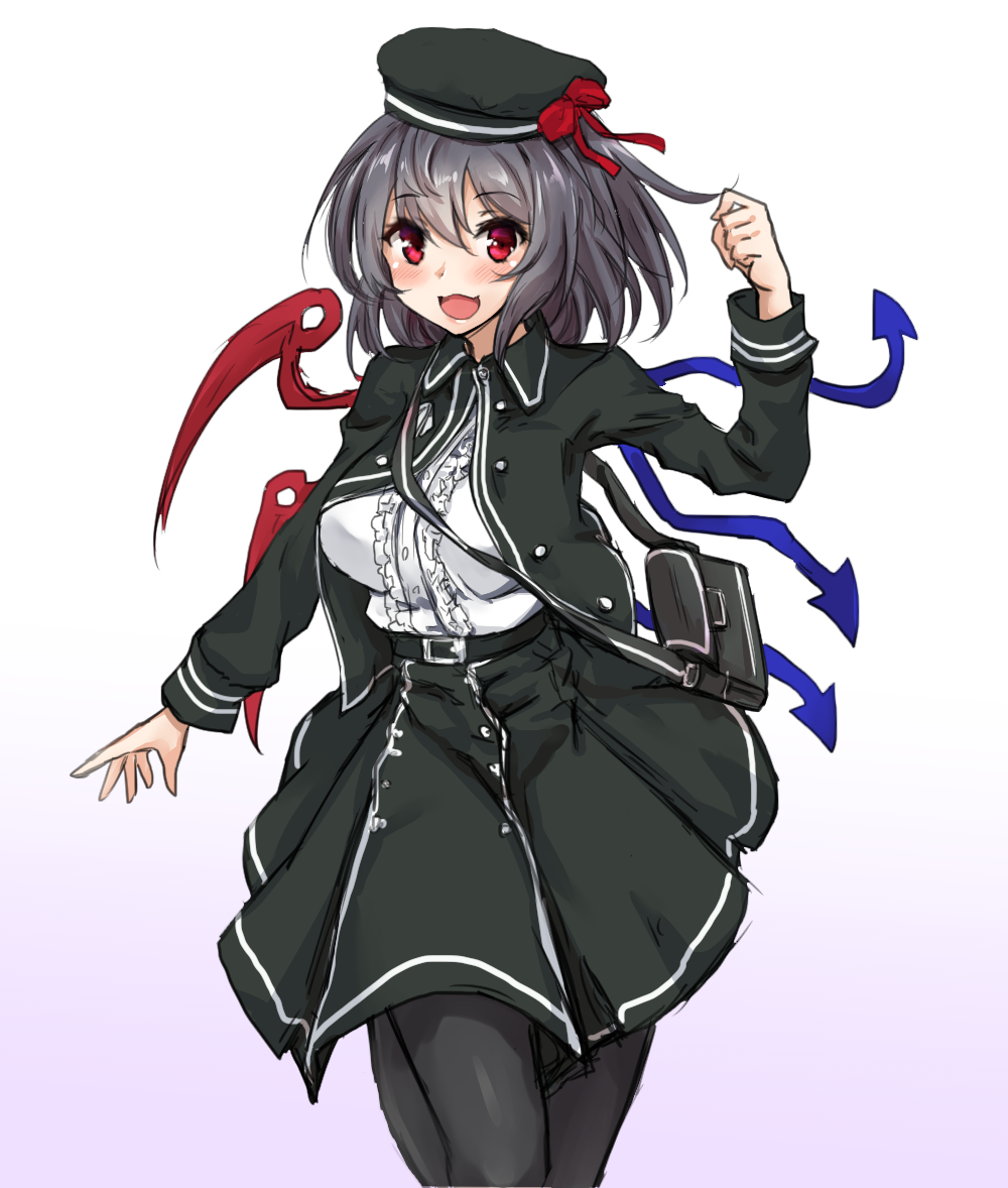 1girl :3 :d alternate_costume amagi_(amagi626) arm_up asymmetrical_wings bag belt beret black_hair black_hat black_jacket black_legwear black_skirt blue_wings blush breasts casual clenched_hand collared_jacket commentary_request contemporary cowboy_shot eyebrows_visible_through_hair frilled_shirt frills gradient gradient_background hair_between_eyes hat hat_ribbon houjuu_nue jacket large_breasts leg_up long_sleeves looking_at_viewer open_mouth pantyhose purple_background red_eyes red_ribbon red_wings ribbon satchel shirt short_hair skirt smile solo standing standing_on_one_leg touhou white_shirt wings