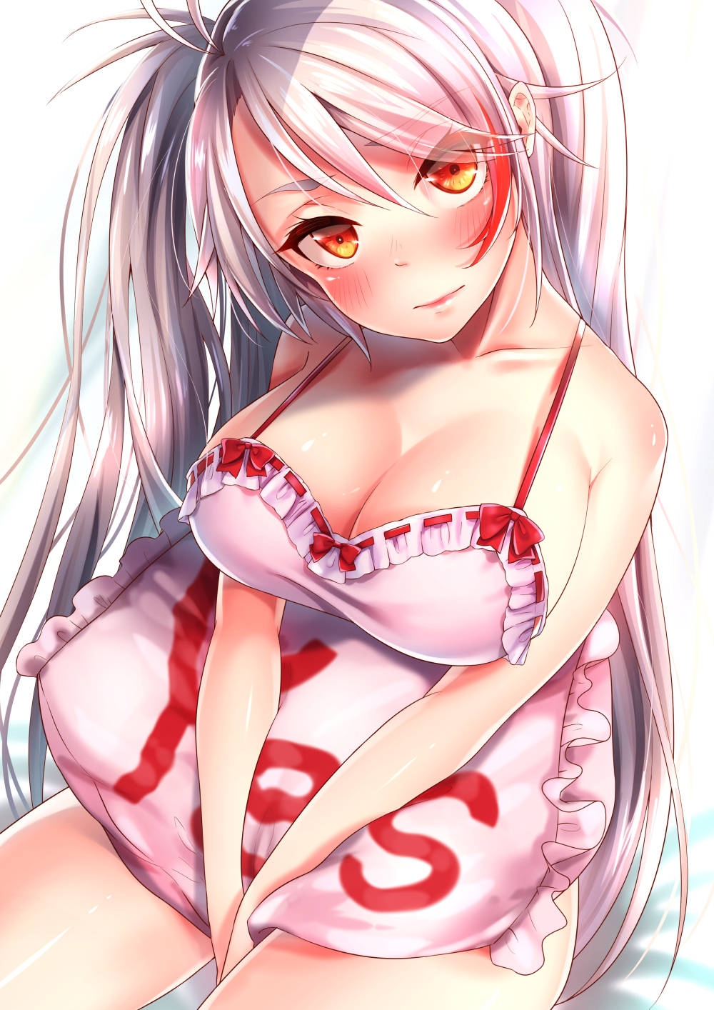 1girl antenna_hair azur_lane babydoll bangs bare_shoulders between_legs blush breasts cleavage collarbone eyebrows_visible_through_hair eyes_visible_through_hair hair_between_eyes hand_between_legs head_tilt highres large_breasts long_hair looking_at_viewer multicolored_hair pillow prinz_eugen_(azur_lane) redhead shiny shiny_skin silver_hair sitting smile solo swept_bangs thighs touwa_iyo two_side_up very_long_hair yes yes-no_pillow