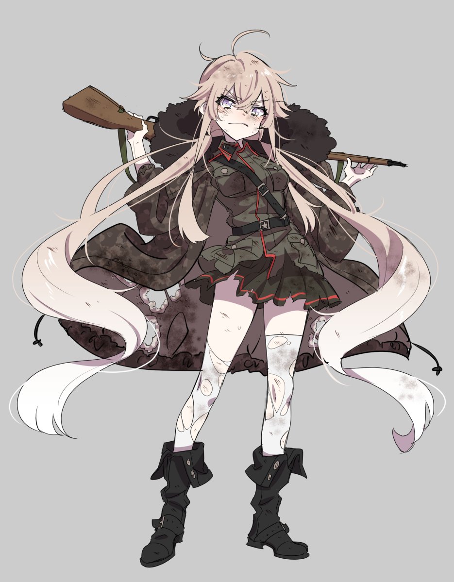 1girl ahoge belt black_footwear black_skirt blonde_hair blush boots contrapposto eyebrows_visible_through_hair frown fur_trim gradient_hair grey_background grey_jacket grin gun holding holding_gun holding_weapon jacket long_hair military military_uniform multicolored_hair original rifle simple_background skirt smile solo standing thigh-highs torn_clothes torn_thighhighs uniform very_long_hair violet_eyes weapon westxost_(68monkey) white_legwear wing_collar