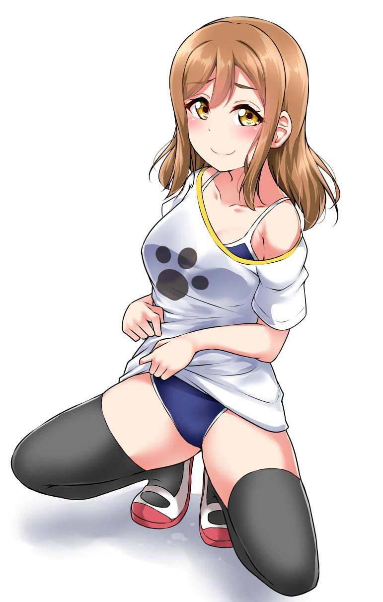 1girl bangs black_legwear blush brown_hair collarbone commentary_request competition_school_swimsuit eyebrows_visible_through_hair highres kunikida_hanamaru lifted_by_self long_hair looking_at_viewer love_live! love_live!_sunshine!! no_pants off-shoulder_shirt paw_print print_shirt shirt shirt_lift shoes short_sleeves smile solo spread_legs squatting swimsuit swimsuit_under_clothes t-shirt thigh-highs uwabaki white_background yellow_eyes yopparai_oni