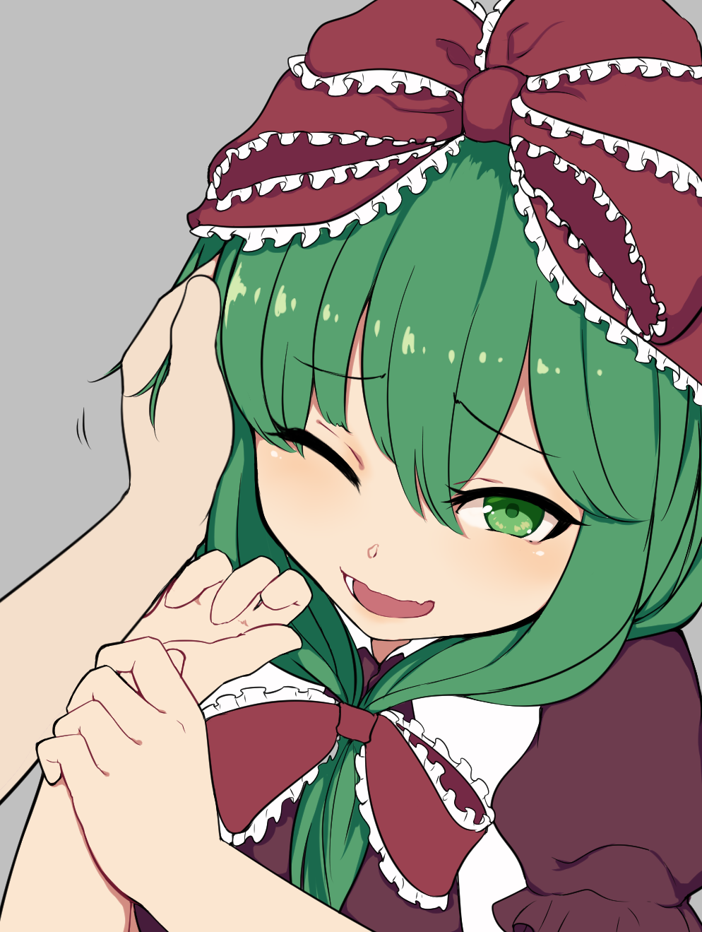 1girl bow caress collared_dress dress eyebrows_visible_through_hair frilled_bow frilled_ribbon frills front_ponytail green_eyes green_hair grey_background hair_between_eyes hair_bow hair_ribbon hand_on_another's_cheek hand_on_another's_face highres kagiyama_hina long_hair looking_at_viewer marsen one_eye_closed open_mouth puffy_short_sleeves puffy_sleeves red_bow red_dress ribbon short_sleeves simple_background touhou wavy_mouth wince