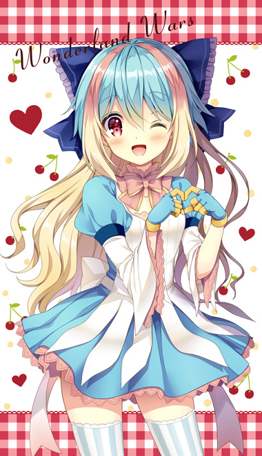 1girl ;d bangs blonde_hair blue_bow blue_gloves blue_hair blue_skirt blush bow cherry commentary_request copyright_name eyebrows_visible_through_hair food fruit gloves hair_between_eyes hair_bow head_tilt heart heart_hands kuroe_(sugarberry) little_alice_(wonderland_wars) long_sleeves looking_at_viewer multicolored_hair one_eye_closed open_mouth pink_bow puffy_short_sleeves puffy_sleeves red_eyes shirt short_over_long_sleeves short_sleeves skirt smile solo striped striped_legwear sunshine_creation thigh-highs two-tone_hair vertical-striped_legwear vertical_stripes white_shirt wide_sleeves wonderland_wars