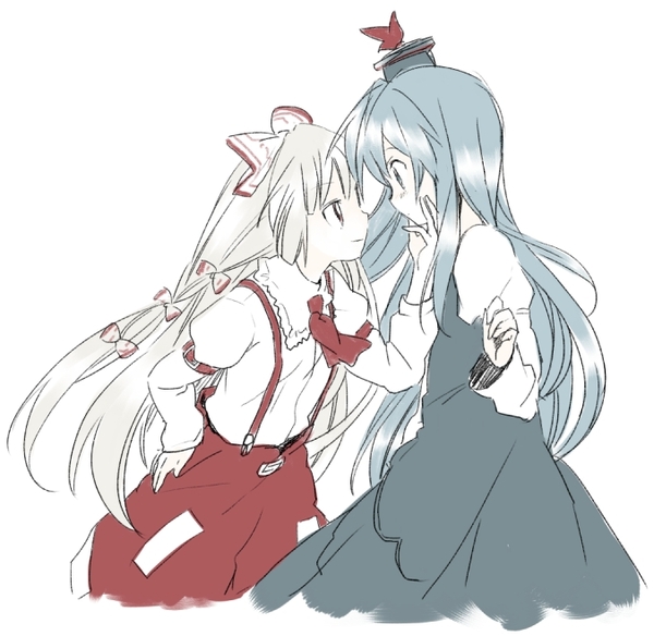 2girls ascot baggy_pants blue_dress blue_hair blush bow chin_grab closed_mouth cowboy_shot dress eye_contact from_side fujiwara_no_mokou hair_bow hair_ornament hand_on_hip hand_up hat juliet_sleeves kamishirasawa_keine long_hair long_sleeves looking_at_another multiple_girls namori ofuda pants profile puffy_sleeves red_neckwear red_pants shirt silver_hair simple_background smile suspenders touhou very_long_hair white_background white_shirt yuri