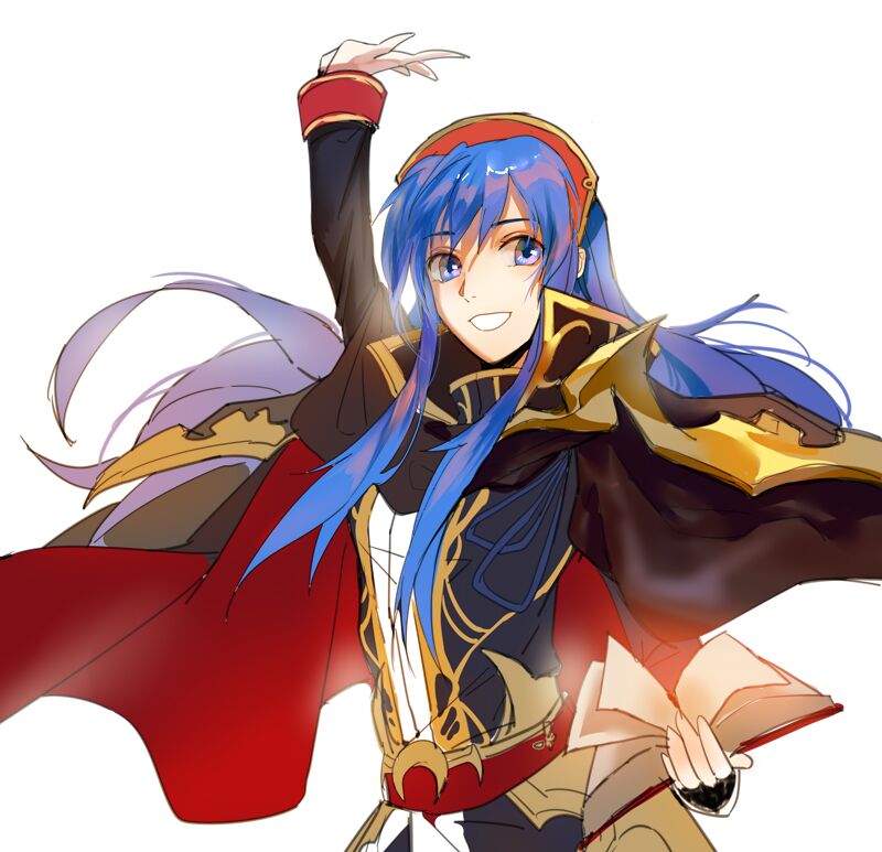 1girl alvis_(fire_emblem) blue_eyes blue_hair blush cape cosplay fire_emblem fire_emblem:_fuuin_no_tsurugi fire_emblem:_seisen_no_keifu fire_emblem_heroes hat jewelry lilina long_hair looking_at_viewer novice_(o_novice) red_eyes redhead simple_background smile solo