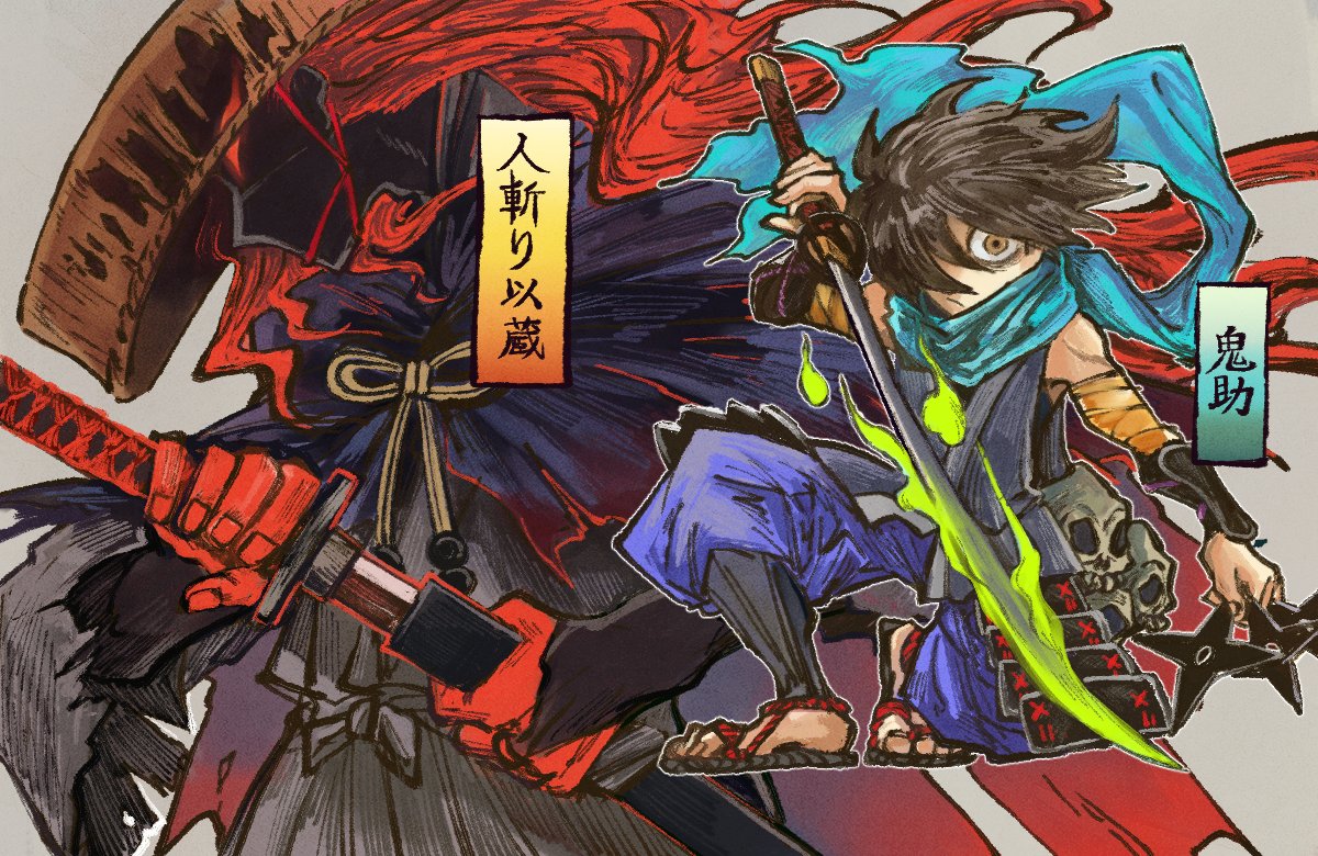 2boys black_hair blue_scarf brown_eyes character_name drawing_sword fate/grand_order fate_(series) grey_background gupaon hair_over_one_eye japanese_clothes kisuke koha-ace male_focus multiple_boys no_pupils oboro_muramasa okada_izou_(fate) red_eyes roningasa scarf shaded_face shuriken simple_background skull sword weapon