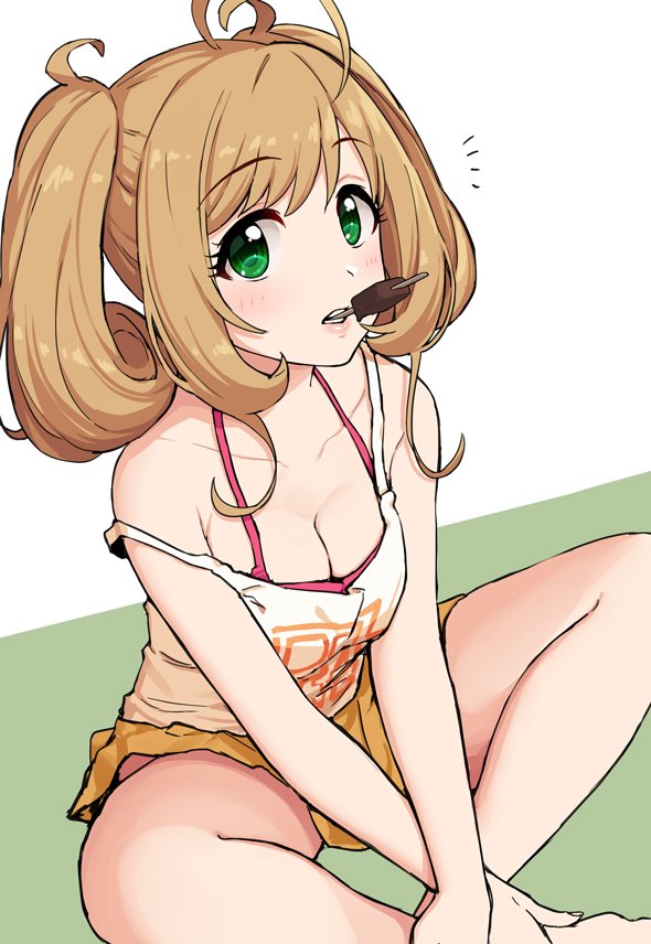 /\/\/\ 1girl ahoge bangs bare_arms bare_legs bare_shoulders blonde_hair breasts camisole chocolate cleavage crossed_ankles eating eyebrows_visible_through_hair food green_background green_eyes ice_cream idolmaster idolmaster_cinderella_girls indian_style light_brown_hair lips looking_at_viewer medium_breasts off_shoulder omaru_gyuunyuu popsicle satou_shin simple_background sitting skirt solo spaghetti_strap twintails white_background yellow_skirt