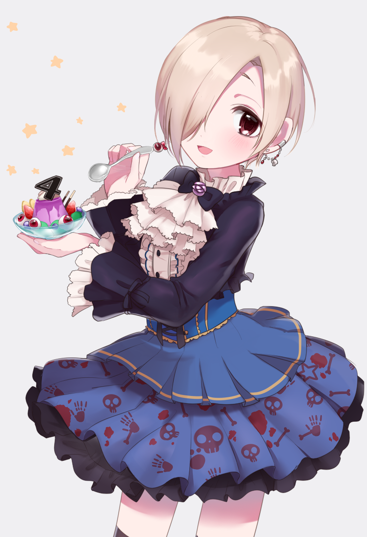 1girl black_legwear black_shirt blonde_hair blue_skirt blush bone_print brown_eyes cowboy_shot dessert earrings eyeball food grey_background hair_over_one_eye holding holding_plate holding_spoon idolmaster idolmaster_cinderella_girls jewelry long_sleeves looking_at_viewer misumi_(macaroni) open_mouth plate shirasaka_koume shirt skirt skull_print smile solo spoon star starry_background thigh-highs