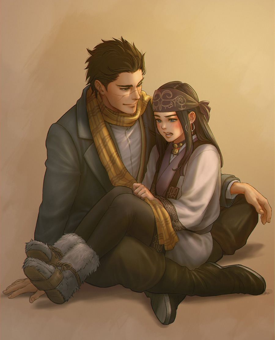 1boy 1girl ainu ainu_clothes asirpa bandanna black_hair black_legwear blue_eyes blush boots brown_background brown_eyes brown_hair coat earrings embarrassed facial_scar fur_boots golden_kamuy hoop_earrings indian_style jewelry legs_crossed long_hair long_sleeves looking_at_another mprichin no_hat no_headwear open_mouth pants scar scarf scarf_grab shirt short_hair simple_background sitting sitting_on_lap sitting_on_person smile sugimoto_saichi wavy_hair