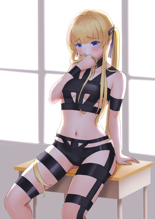 1girl bangs bare_shoulders black_ribbon blonde_hair blue_eyes blush bondage_outfit breasts desk eyebrows_visible_through_hair hair_ribbon holding holding_hair long_hair looking_at_viewer navel ribbon saenai_heroine_no_sodatekata sawamura_spencer_eriri school_desk sitting solo twintails under_boob vanquice very_long_hair