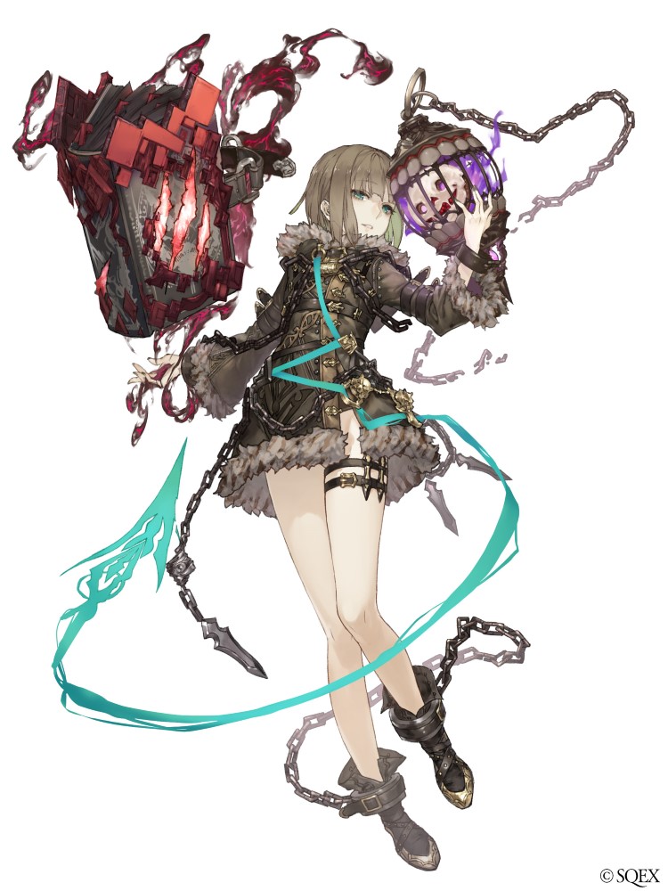 1girl aqua_eyes belt blood book broken broken_chain brown_hair chains collar cuffs eyebrows_visible_through_hair floating_book full_body fur_trim gretel_(sinoalice) hansel_(sinoalice) ji_no looking_at_viewer official_art shackles sinoalice solo thigh_strap white_background