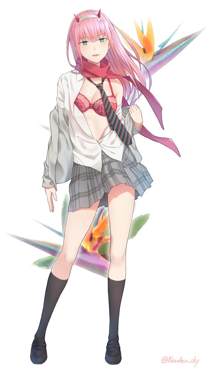 1girl black_footwear black_legwear black_neckwear blue_eyes bra commentary_request contrapposto darling_in_the_franxx full_body grey_jacket grey_skirt hairband highres horns jacket kanden_suki loafers long_hair looking_at_viewer necktie open_clothes open_shirt parted_lips pink_hair red_bra red_scarf scarf shirt shoes skirt smile socks solo standing twitter_username underwear undressing white_shirt zero_two_(darling_in_the_franxx)