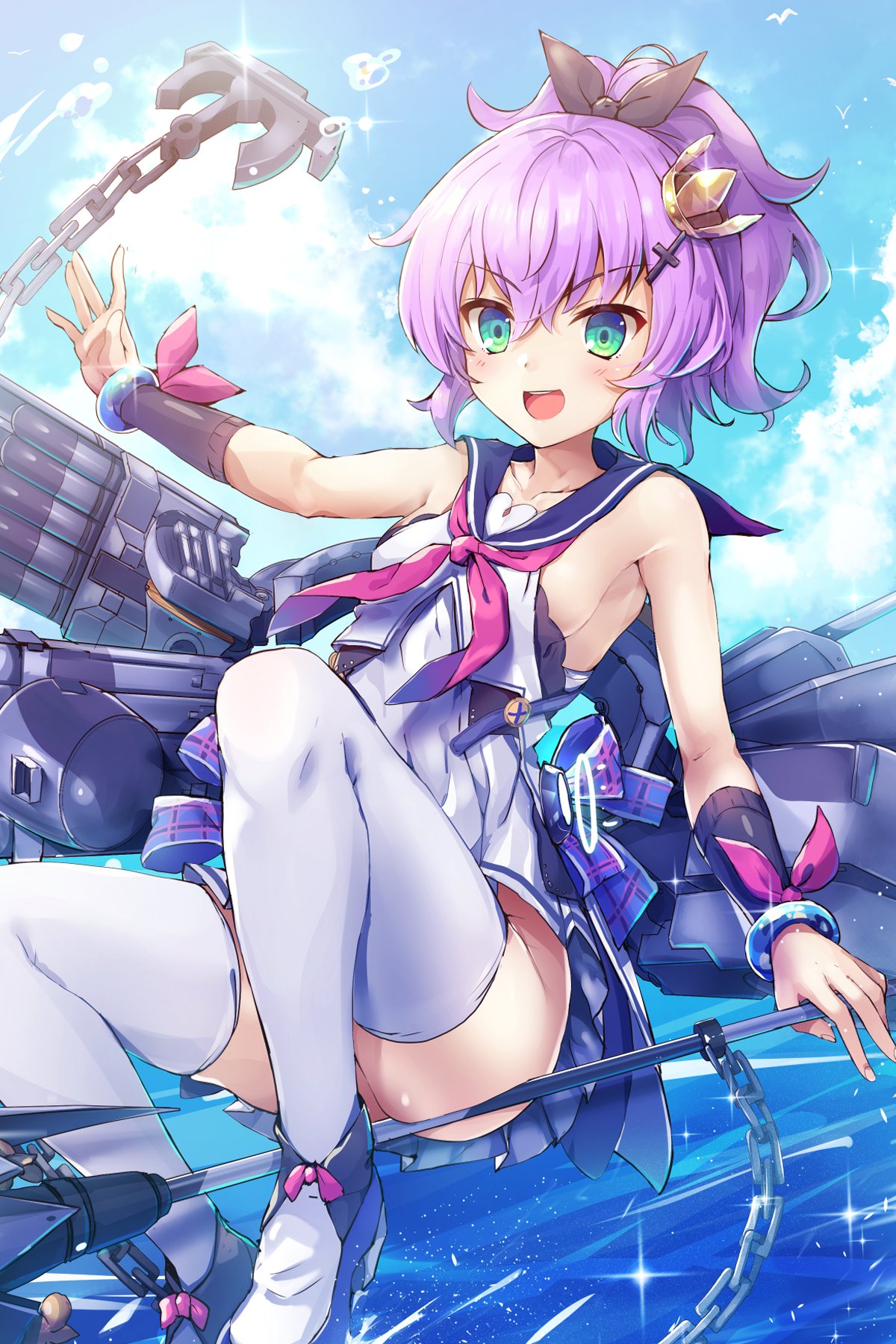 1girl anchor armband armlet armpits azur_lane blue_eyes breasts chains collar collarbone commentary_request crown hair_ornament hair_ribbon hairclip highres javelin_(azur_lane) looking_at_viewer namesake open_mouth purple_hair ribbon rigging samoore shoes sleeveless solo thigh-highs torpedo_tubes water_drop weapon white_legwear