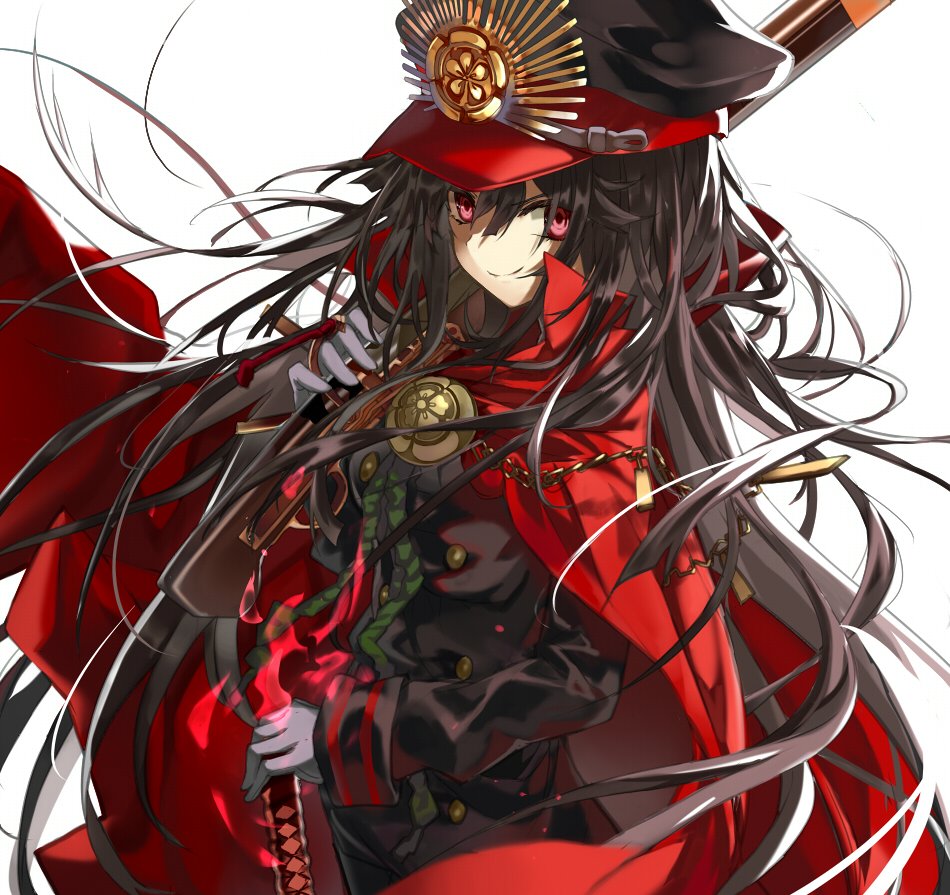 1girl black_hair black_hat black_jacket cape chains commentary double-breasted family_crest fate/grand_order fate_(series) gloves gun hat holding holding_gun holding_sword holding_weapon jacket military military_hat military_uniform oda_nobunaga_(fate) peaked_cap red_cape red_eyes shino_(eefy) smile solo sword uniform weapon white_gloves