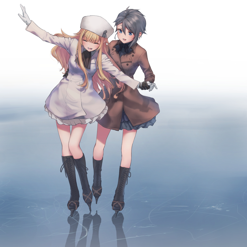 2girls :d ange_(princess_principal) ascot bangs black_footwear black_gloves black_neckwear blonde_hair blue_eyes blunt_bangs blush boots brown_coat closed_eyes coat commentary cross-laced_footwear english_commentary eyebrows_visible_through_hair facing_viewer fur_hat genso gloves grey_hair hair_between_eyes hair_flaps hand_holding hand_on_another's_waist hat ice ice_skates knee_boots lace-up_boots leaning_to_the_side long_hair long_sleeves multiple_girls open_mouth outstretched_arms princess_(princess_principal) princess_principal reflection sidelocks skates smile spread_arms standing standing_on_one_leg v-shaped_eyebrows very_long_hair white_coat white_gloves white_hat