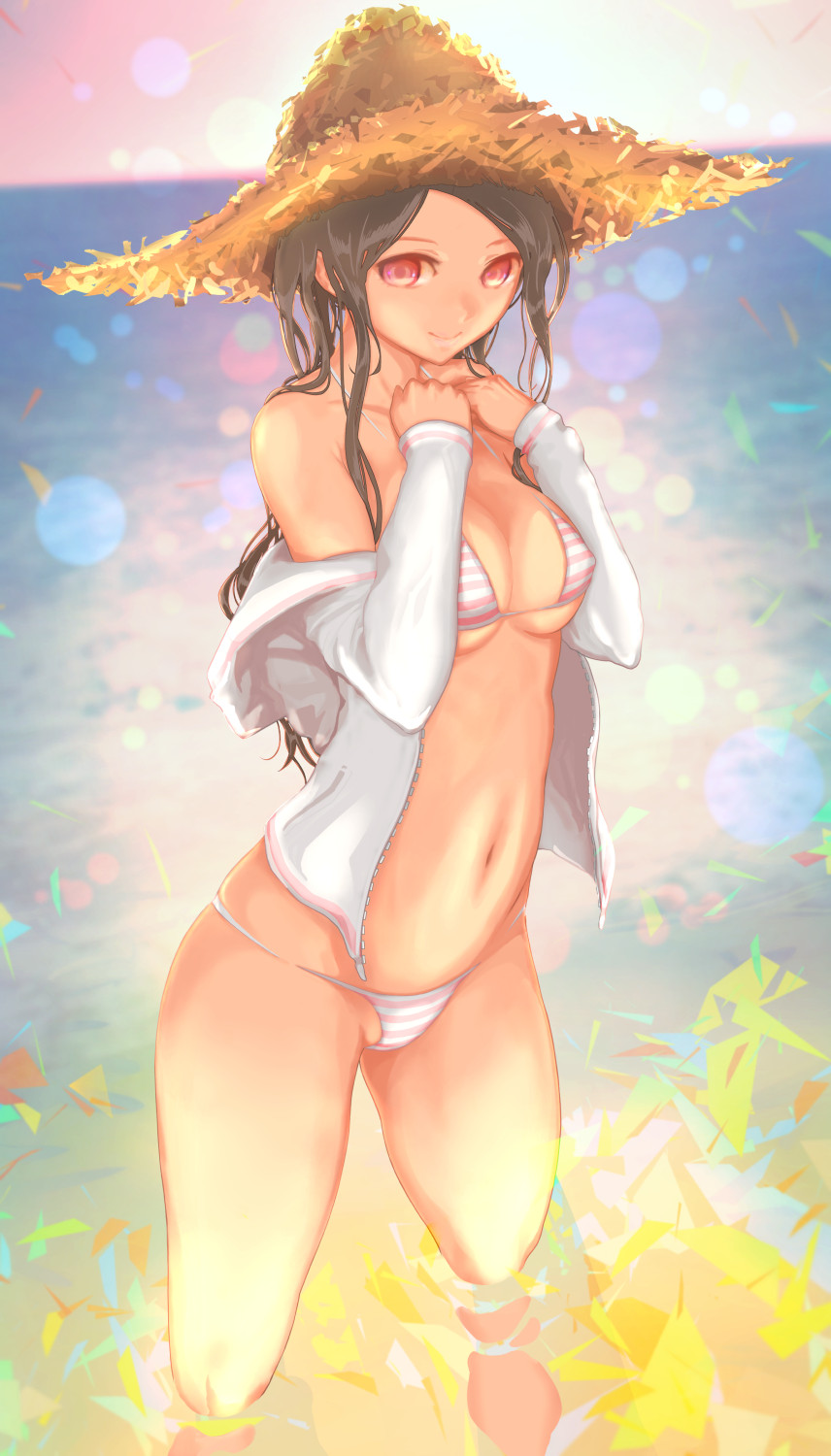 1girl bikini black_hair blurry blurry_background breasts hat highres jacket legs_apart long_hair looking_at_viewer medium_breasts navel off_shoulder open_clothes open_jacket original pandarou red_eyes smile solo standing straw_hat striped striped_bikini swimsuit water