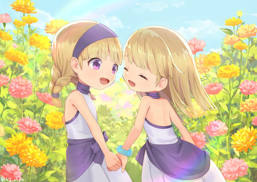 2girls :d bangs bare_arms bare_shoulders blonde_hair blue_sky blunt_bangs bracelet braid choker clouds dragon_quest dragon_quest_xi dress flower jewelry kz_ripo looking_at_another multiple_girls open_mouth outdoors pink_flower purple_choker rainbow senya_(dq11) siblings sisters sky smile straight_hair twin_braids twitter_username veronica_(dq11) violet_eyes white_dress yellow_flower