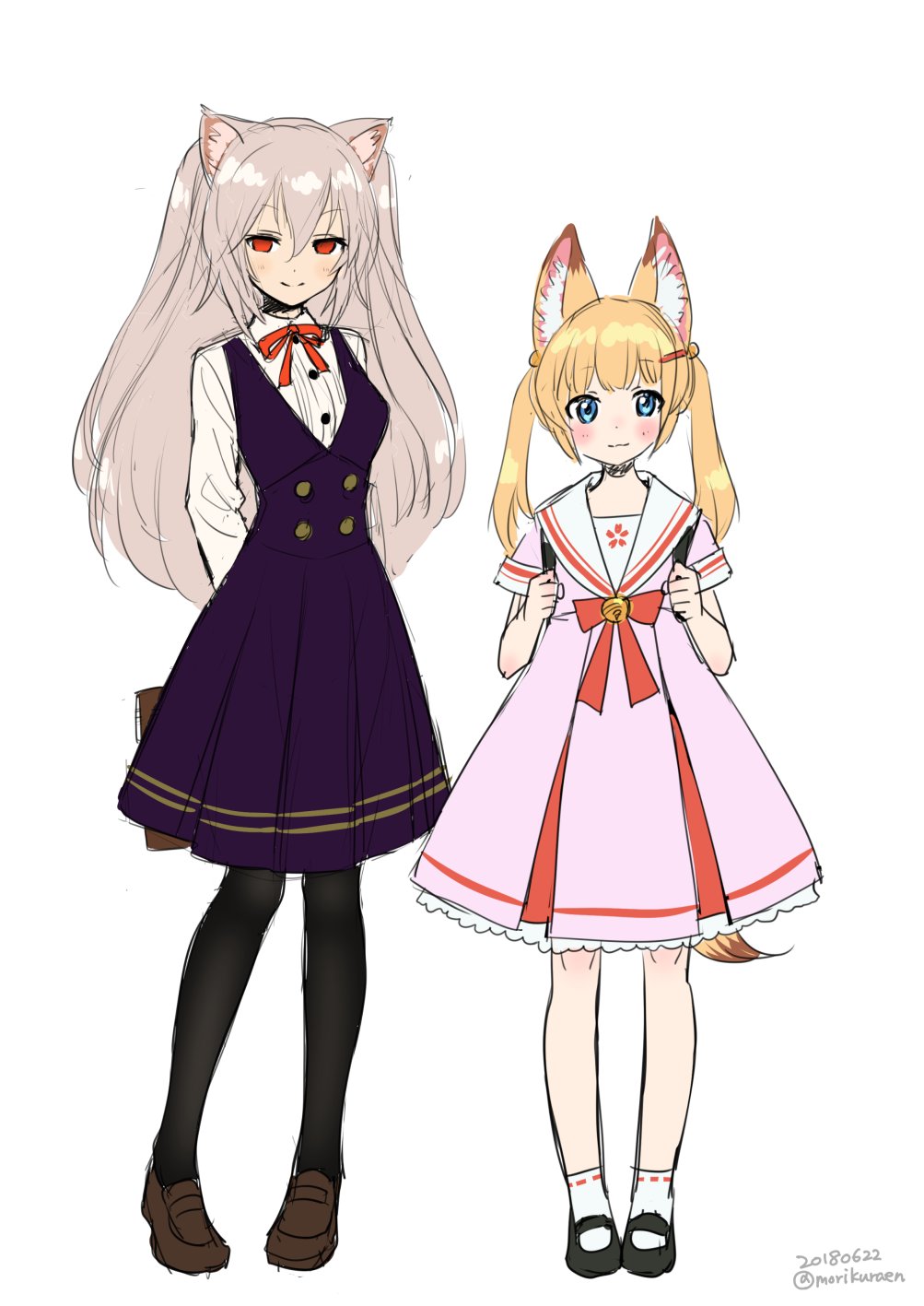 &gt;:) 2girls animal_ears arms_behind_back black_legwear blonde_hair blue_eyes blush cat_ears commentary_request dated fox_ears fox_tail full_body grey_hair hair_ornament hairclip highres kemomimi_oukoku_kokuei_housou long_hair looking_at_viewer mikoko_(kemomimi_oukoku_kokuei_housou) morikura_en multiple_girls neck_ribbon nora_cat nora_cat_channel pantyhose red_eyes ribbon simple_background sketch smile standing tail twintails twitter_username virtual_youtuber white_background