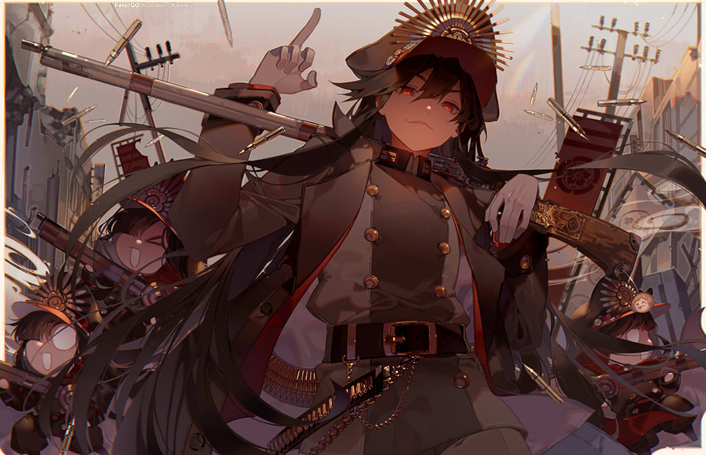 &gt;_&lt; 4girls antique_firearm artist_name bangs belt belt_buckle black_hair buckle building bullet chains chibi commentary_request copyright_name double-breasted fate/grand_order fate_(series) firearm firing flag gloves gun hair_between_eyes hand_up hat holding holding_gun holding_weapon jacket kawacy keikenchi_(style) koha-ace long_hair long_sleeves looking_at_viewer middle_finger multiple_girls oda_nobunaga_(fate) oda_uri outdoors over_shoulder peaked_cap power_lines red_eyes sky smile smoke standing weapon weapon_over_shoulder white_gloves