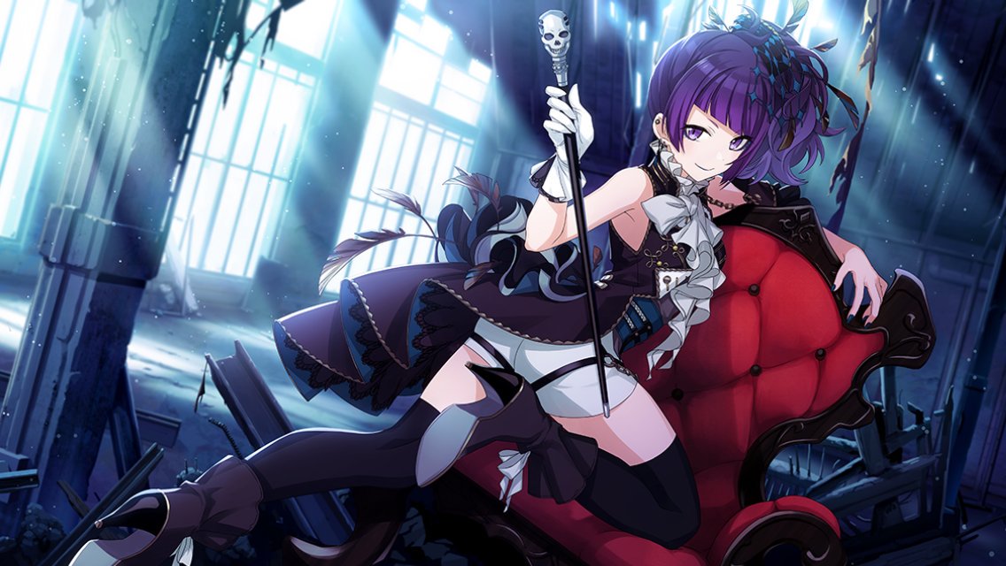 1girl alternate_hairstyle black_legwear black_nails earrings gloves idolmaster idolmaster_shiny_colors jewelry nail_polish official_art purple_hair single_glove tanaka_mamimi thigh-highs violet_eyes white_gloves