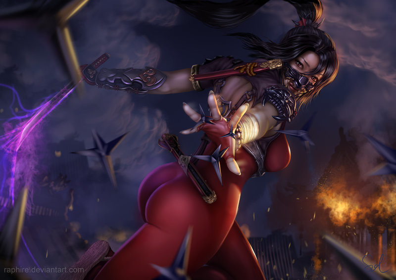 1girl armor ass back_cutout black_hair bodysuit breasts brown_eyes clouds cloudy_sky commentary covered_nipples explosion fingerless_gloves fire from_behind gloves glowing holding holding_sword holding_weapon japanese large_breasts long_hair looking_back mask night night_sky ninja outstretched_arms ponytail raphire red_bodysuit red_lips reverse_grip sheath shoulder_armor shuriken skin_tight sky solo soul_calibur sword taki_(soulcalibur) weapon