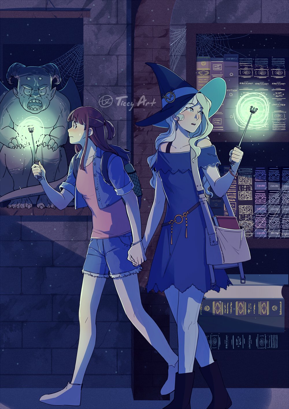 2girls artist_name bag book bookshelf diana_cavendish gargoyle hand_holding handbag hat highres kagari_atsuko library little_witch_academia multiple_girls older shorts silk spider_web ticcy wand witch_hat