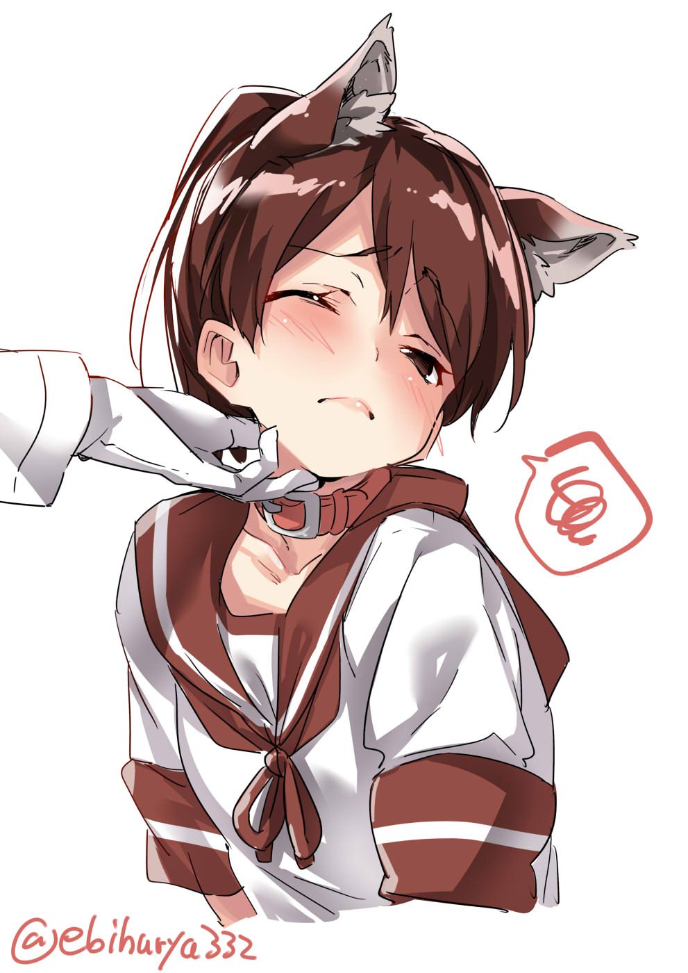 1girl admiral_(kantai_collection) animal_ears blush brown_eyes brown_hair collar dog_collar dog_ears dress ebifurya embarrassed gloves highres kantai_collection long_hair looking_at_viewer neckerchief one_eye_closed ponytail sailor_collar sailor_dress school_uniform serafuku shikinami_(kantai_collection) short_sleeves simple_background solo twitter_username white_background white_gloves