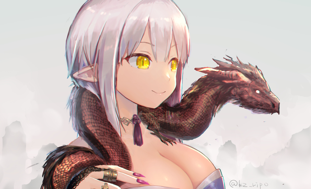 1girl bangs braid breasts chromatic_aberration cleavage closed_mouth dragon fingernails jewelry kz_ripo large_breasts long_fingernails medium_hair nail_polish original pointy_ears purple_nails ring sharp_fingernails silver_hair slit_pupils smile straight_hair twin_braids upper_body yellow_eyes