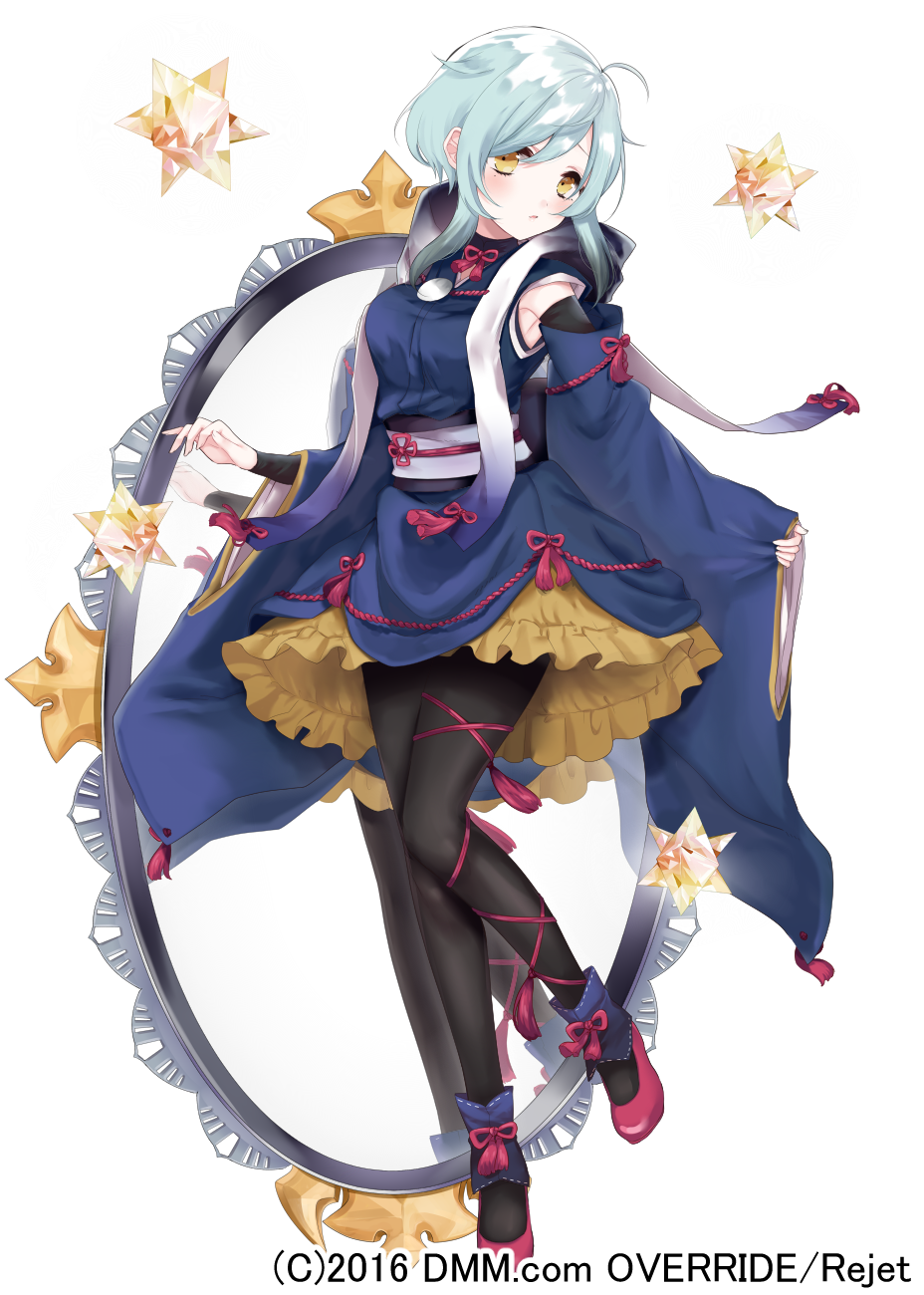 1girl 2016 :o ahoge ankle_ribbon black_legwear blue_dress blush copyright_request detached_sleeves dress full_body highres knees_together leg_ribbon long_sleeves looking_at_viewer misumi_(macaroni) pantyhose red_footwear red_ribbon ribbon short_hair sidelocks silver_hair solo standing standing_on_one_leg thigh_ribbon white_background yellow_eyes