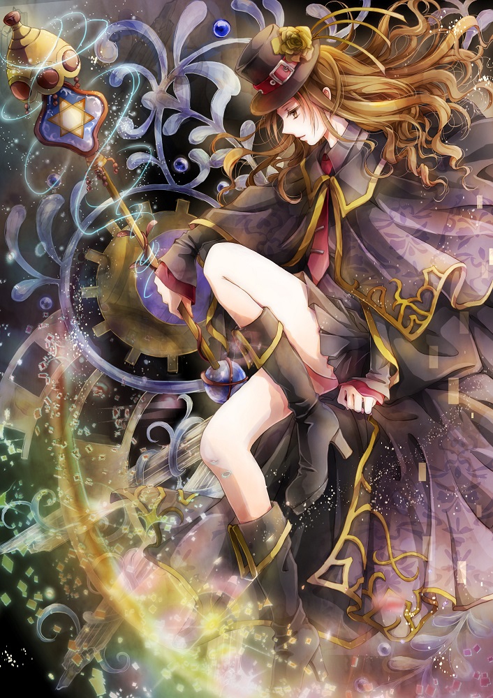 1girl black_cape black_footwear black_hat black_skirt boots brown_eyes brown_hair cape floating_hair flower from_side hat hat_flower holding knee_boots long_hair looking_down miniskirt misaki_yuu_(misaki_1192) necktie original pleated_skirt red_neckwear skirt solo yellow_flower