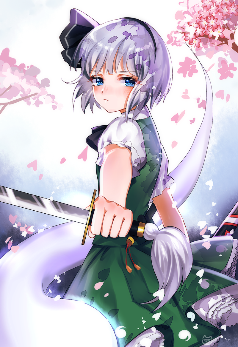 1girl ama_(997841291) bangs black_hairband black_ribbon blue_eyes blunt_bangs bow bowtie cherry_blossoms closed_mouth eyebrows eyebrows_visible_through_hair frilled_skirt frilled_sleeves frills green_skirt green_vest hairband holding holding_sword holding_weapon katana konpaku_youmu konpaku_youmu_(ghost) layered_skirt looking_at_viewer petals puffy_short_sleeves puffy_sleeves ribbon sheath short_sleeves silver_hair skirt sword touhou vest weapon