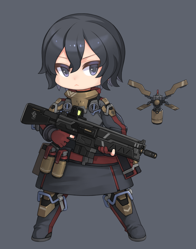 1girl :&lt; armor bag black_eyes black_footwear black_hair black_skirt chibi explosive gloves grenade gun hair_between_eyes holding holding_weapon long_coat original ran_system red_gloves rifle satchel short_hair skirt tsurime weapon