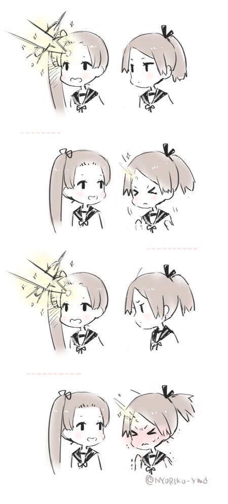 &gt;_&lt; 2girls 4koma ayanami_(kantai_collection) bangs blush closed_eyes comic commentary_request cropped_torso full-face_blush hair_ribbon kantai_collection light_beam long_hair monochrome multiple_girls neck_ribbon nyoriko parted_bangs ponytail ribbon sailor_collar school_uniform serafuku shikinami_(kantai_collection) side_ponytail simple_background sparkle sweat trembling twitter_username wavy_mouth white_background