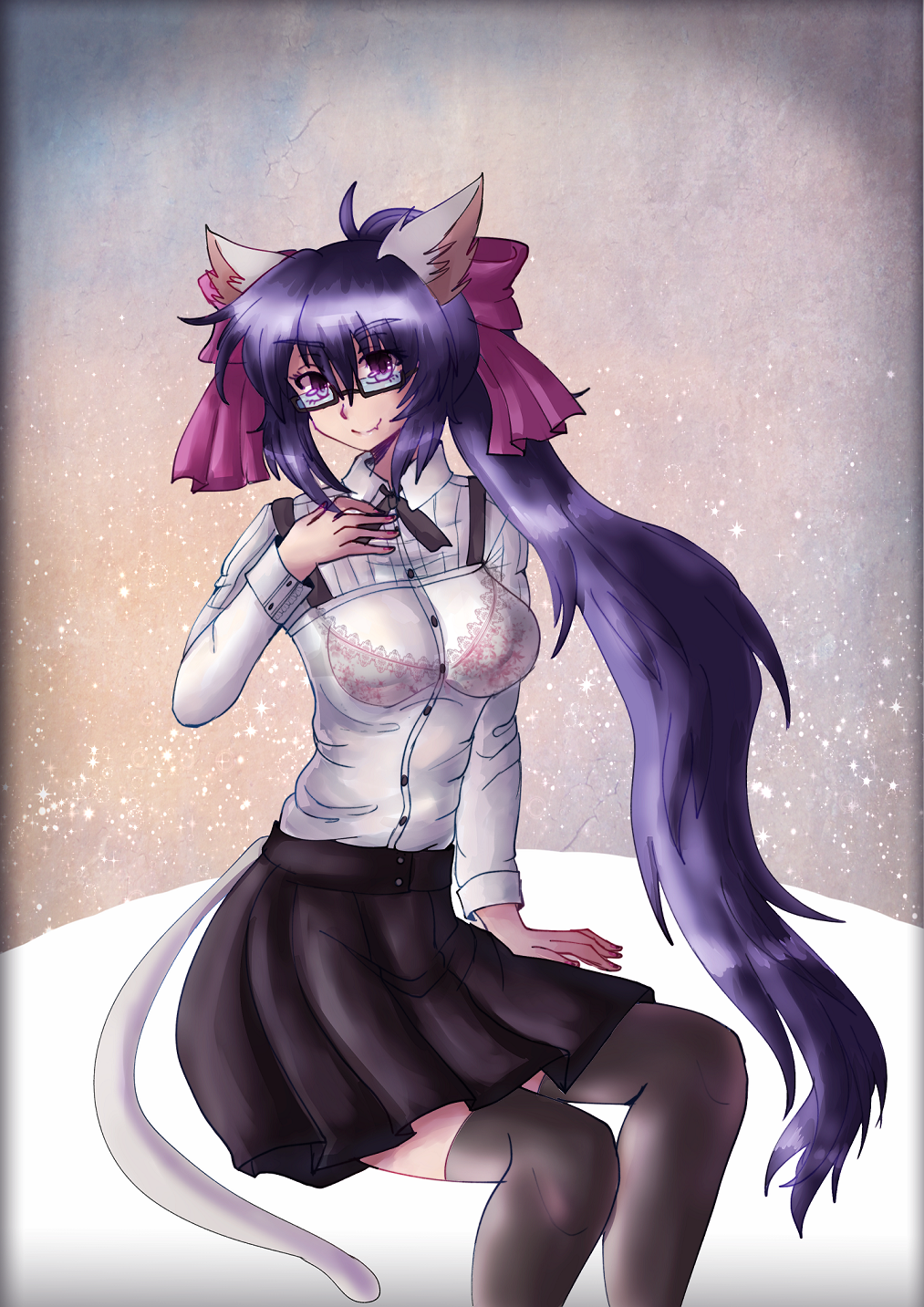 1girl animal_ears artist_request blue_hair bow bra breasts cat_ears cat_tail closed_mouth commission eyebrows_visible_through_hair fang glasses hair_between_eyes hair_bow highres large_breasts long_hair noihara_himari omamori_himari pink_bra ponytail see-through sitting skirt smile solo tail thigh-highs underwear very_long_hair violet_eyes