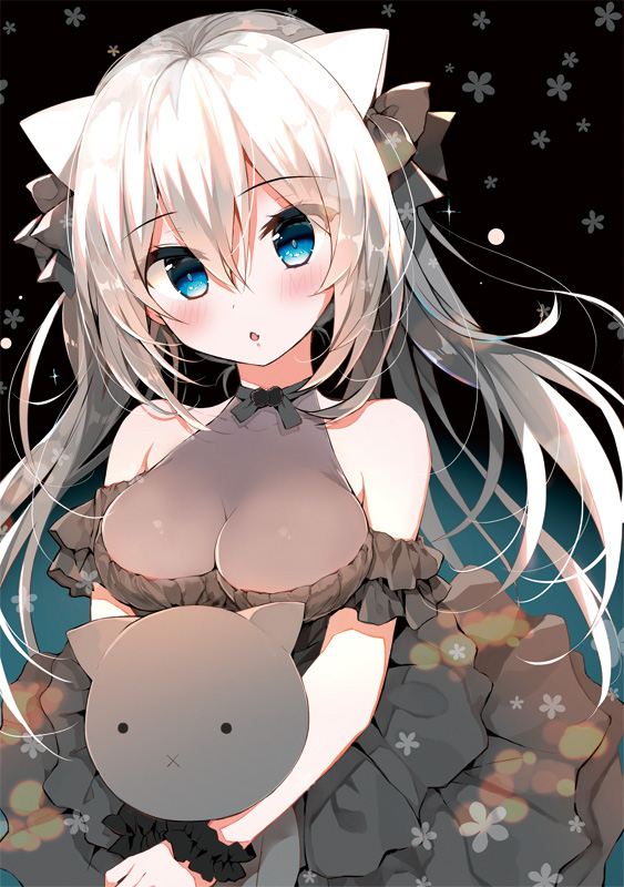 1girl animal_ears bangs bare_shoulders black_dress black_scrunchie blue_eyes blush breasts cat_ears chestnut_mouth cleavage commentary_request dress eyebrows_visible_through_hair hair_between_eyes halter_dress head_tilt large_breasts long_hair looking_at_viewer low_twintails object_hug original parted_lips scrunchie sidelocks silver_hair sleeveless sleeveless_dress solo stuffed_animal stuffed_cat stuffed_toy twintails v_arms very_long_hair wrist_scrunchie yadapot