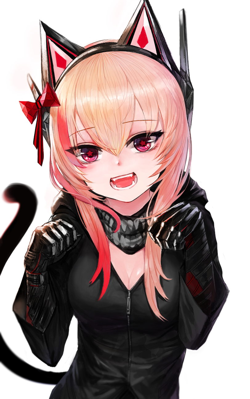 1girl alternate_headgear bangs black_jacket blonde_hair breasts cat_ear_headphones cat_tail cleavage commentary_request dokomon eyebrows_visible_through_hair eyes_visible_through_hair fangs girls_frontline hair_between_eyes hair_ornament headgear headphones highres hood hooded_jacket jacket looking_at_viewer m4_sopmod_ii_(girls_frontline) medium_breasts multicolored_hair open_mouth paw_pose prosthesis prosthetic_arm red_eyes redhead simple_background solo star star-shaped_pupils streaked_hair symbol-shaped_pupils tail upper_body white_background zipper
