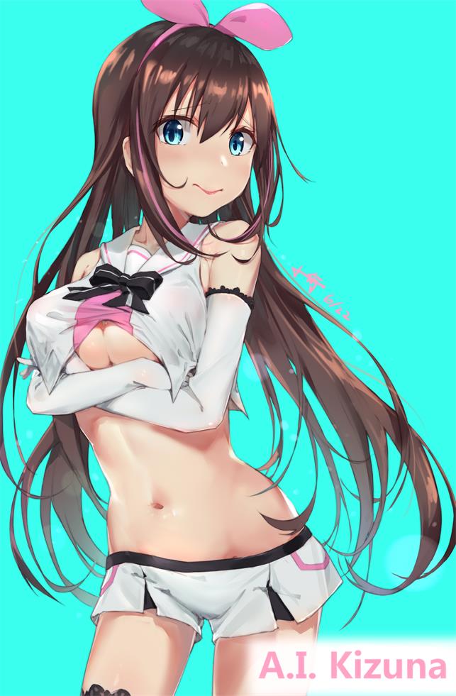 1girl 3: a.i._channel aqua_background artist_name bangs blue_eyes bow breast_hold breasts brown_hair character_name commentary contrapposto cowboy_shot crop_top crossed_arms dated elbow_gloves english_commentary gloves groin hairband kizuna_ai large_breasts long_hair looking_at_viewer midriff multicolored_hair navel pink_hair pink_hairband sailor_collar shirt short_shorts shorts simple_background sleeveless sleeveless_shirt solo standing stomach streaked_hair two-tone_hair under_boob very_long_hair virtual_youtuber white_gloves xiaoyu