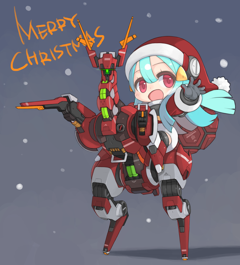 1girl aqua_hair bangs chibi commentary fur-trimmed_hat fur-trimmed_sleeves fur_trim glowing glowing_eye hair_between_eyes hair_ornament hat long_hair mecha merry_christmas open_mouth original outstretched_hand parted_bangs pom_pom_(clothes) ran_system red_eyes riding santa_costume santa_hat snow